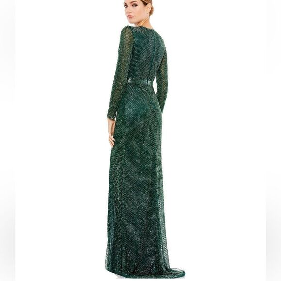 NWT Mac Duggal Women's Long Sleeve Crew Neck High Split Gown Dark Green 8 - Picture 2 of 5